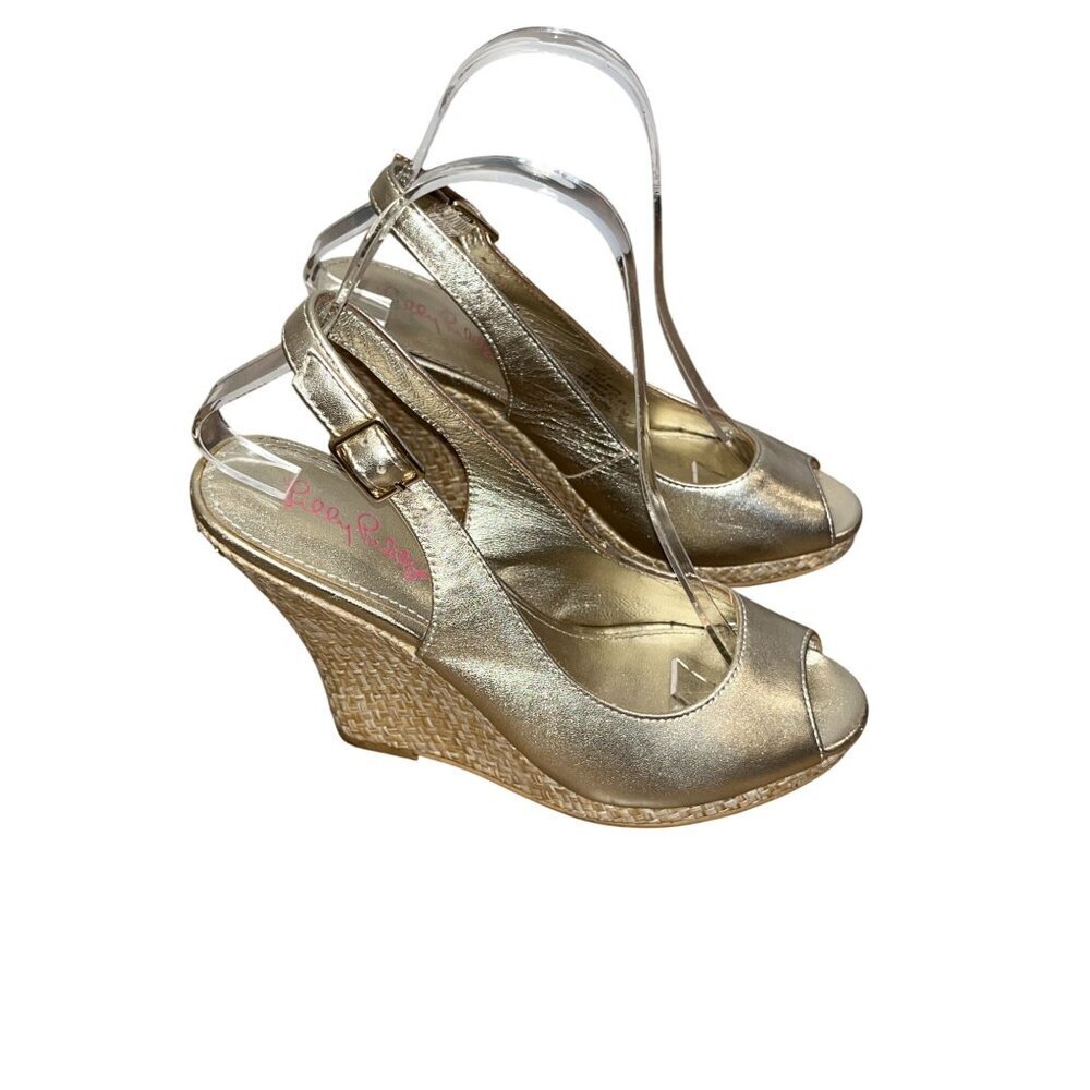 Lilly Pulitzer  Vintage Gold Peep Toe Slingback Wedge Leather Women's Heels Size